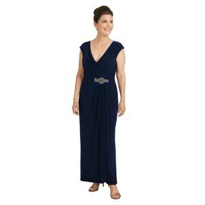 Alex Evenings SZ 8 Sleeveless Maxi Dress With Embellished Waist Draped Neck Navy